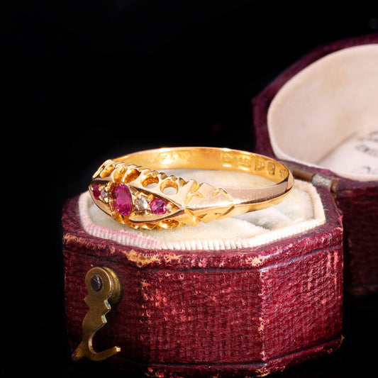 The Antique 1904 Edwardian Ruby And Diamond Boat Ring