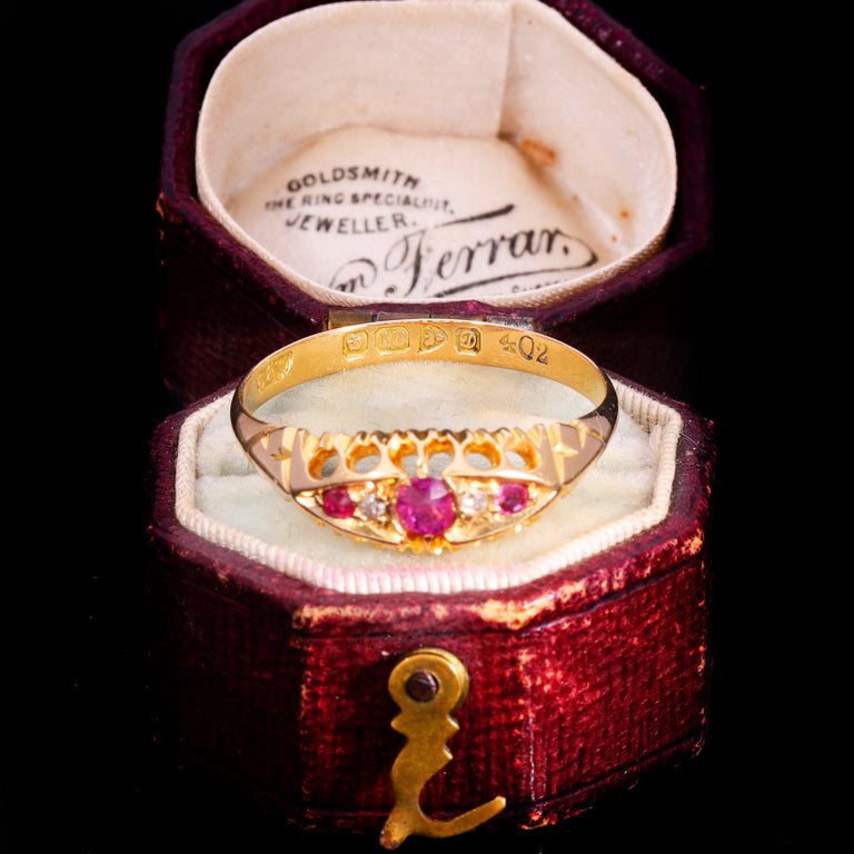 The Antique 1904 Edwardian Ruby And Diamond Boat Ring