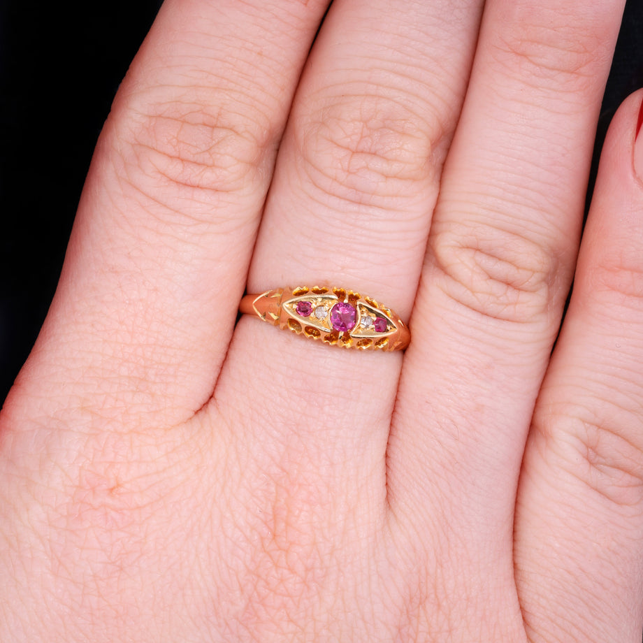 The Antique 1904 Edwardian Ruby And Diamond Boat Ring