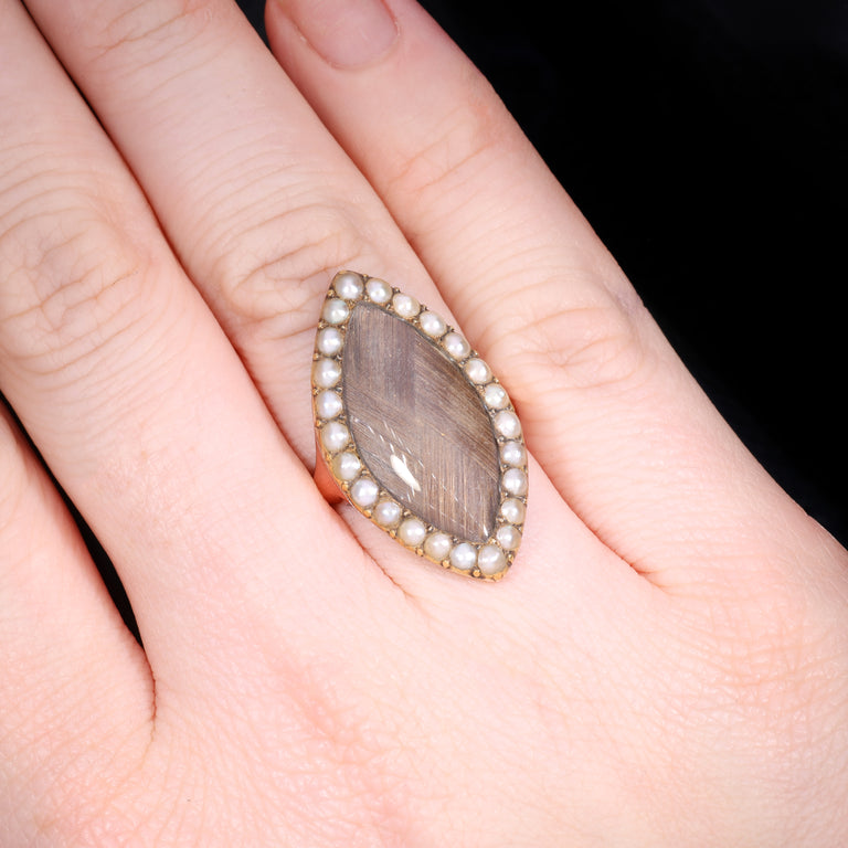 The Antique Early Victorian Hairwork And Pearl Navette Mourning Ring