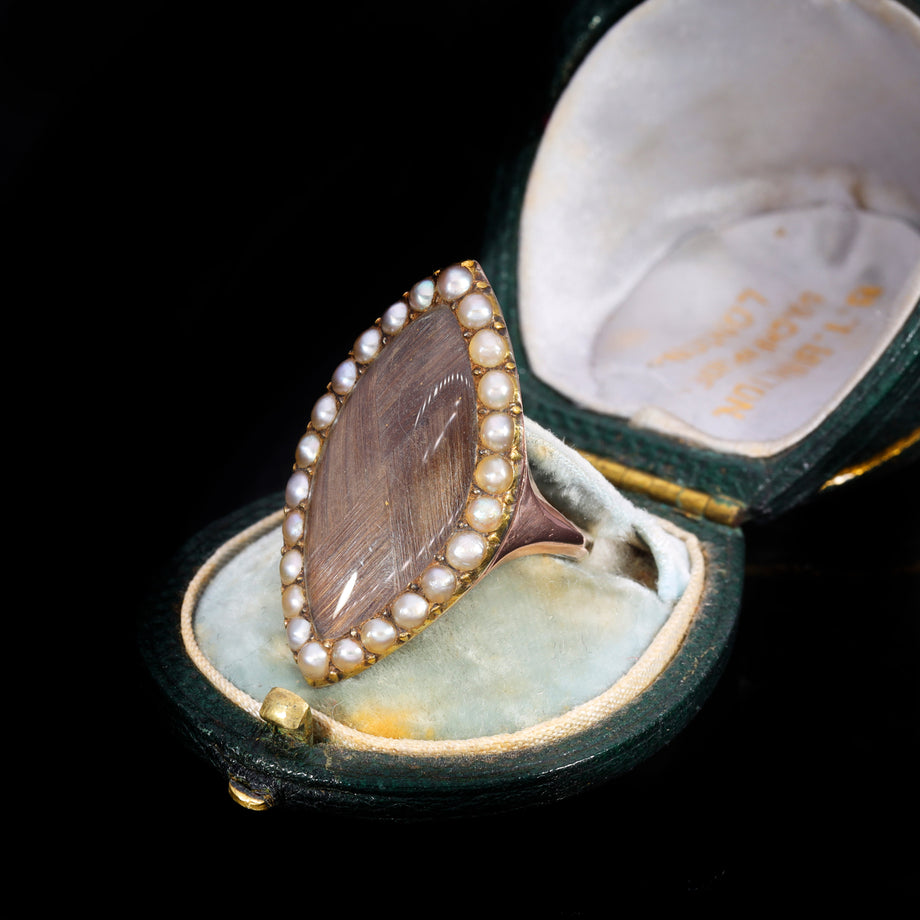 The Antique Early Victorian Hairwork And Pearl Navette Mourning Ring