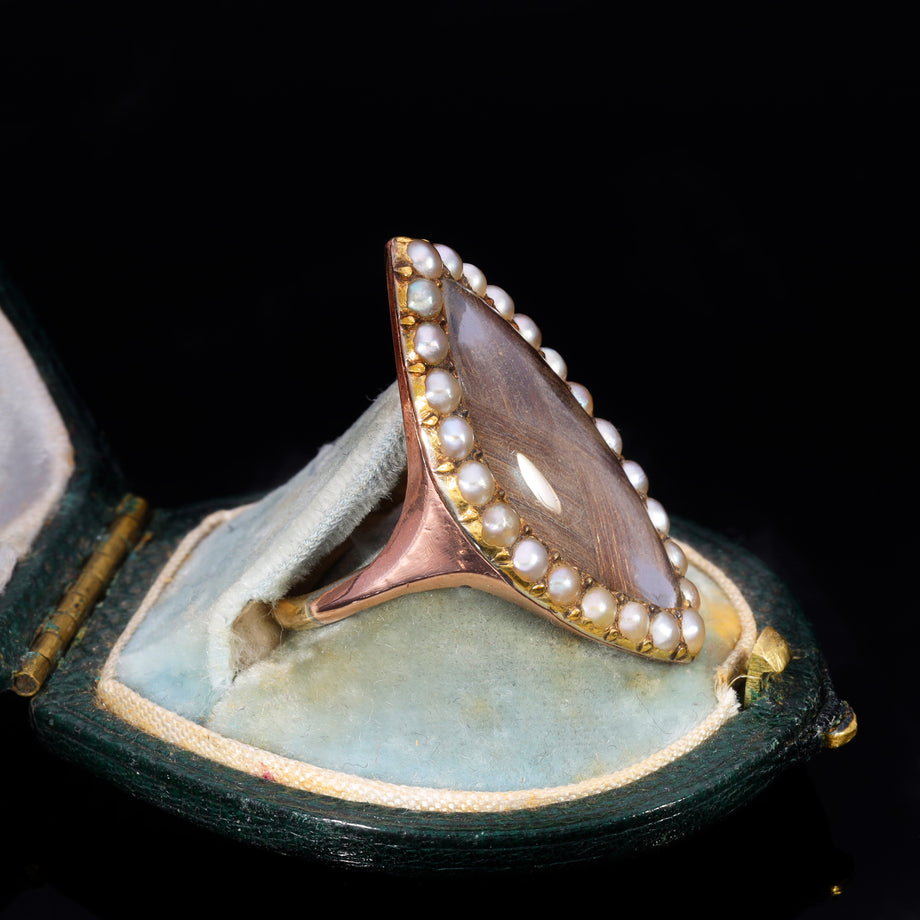 The Antique Early Victorian Hairwork And Pearl Navette Mourning Ring