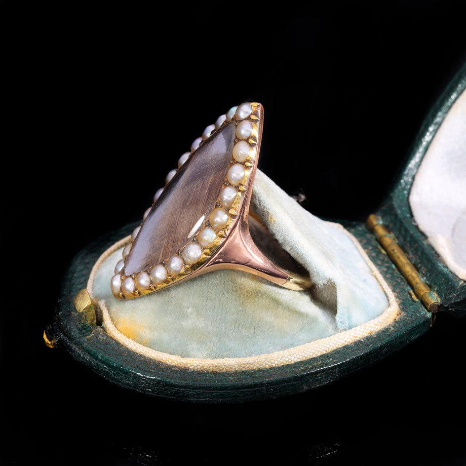 The Antique Early Victorian Hairwork And Pearl Navette Mourning Ring