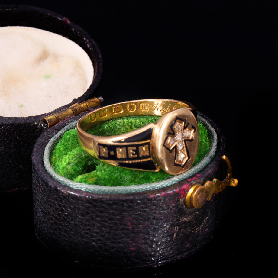 The Antique Victorian 1867 Diamond, Hairwork And Cross Mourning Ring