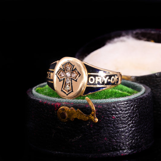 The Antique Victorian 1867 Diamond, Hairwork And Cross Mourning Ring