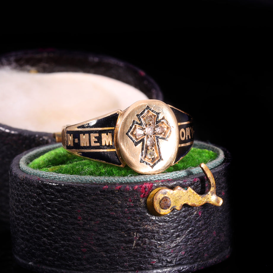 The Antique Victorian 1867 Diamond, Hairwork And Cross Mourning Ring