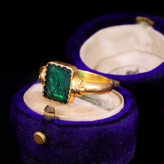 The Antique 19th Century Step Cut Emerald Crimped Edge Ring