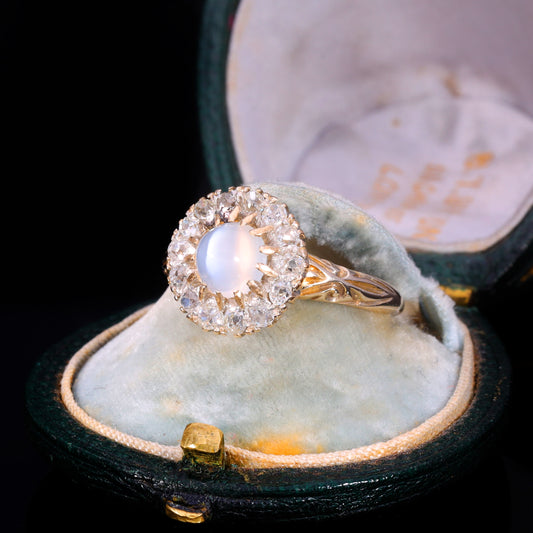 The Antique Victorian Moonstone and Old Cut Diamond Cluster Ring