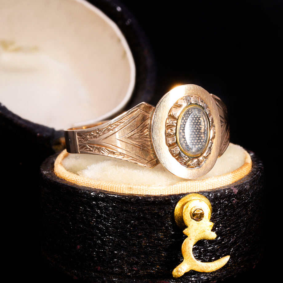 The Antique Victorian 1899 Engraved Shoulder Hairwork Mourning Ring