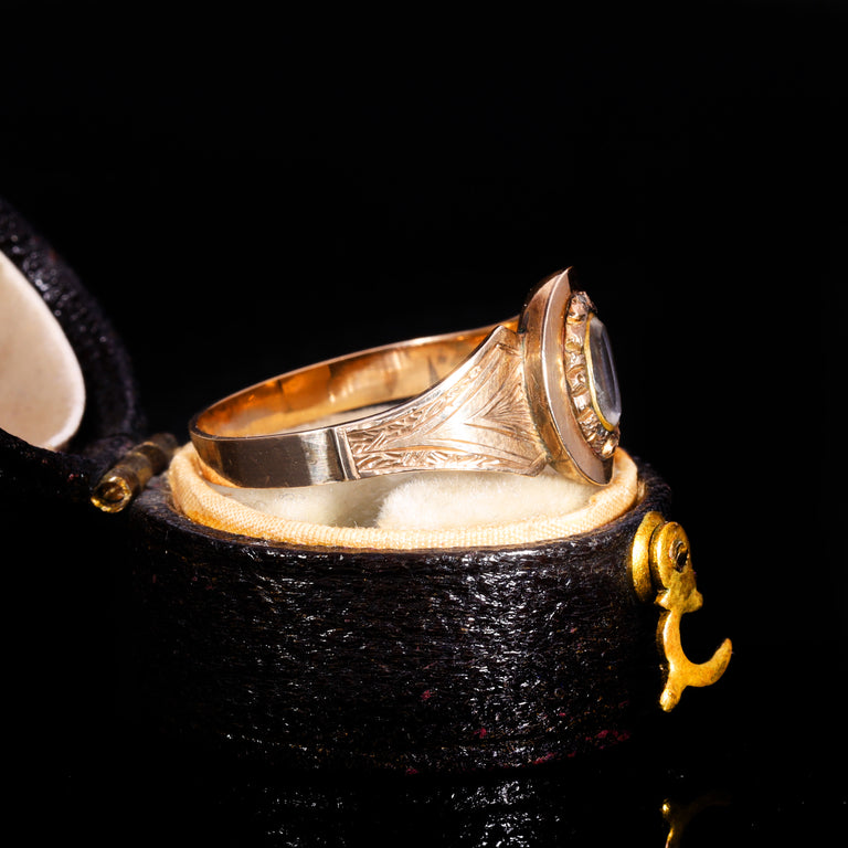 The Antique Victorian 1899 Engraved Shoulder Hairwork Mourning Ring