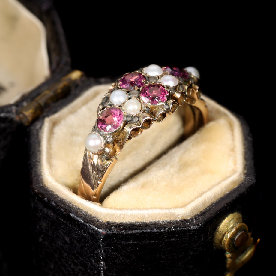The Antique Victorian 1875 Almandine Garnet and Seed Pearl Ring