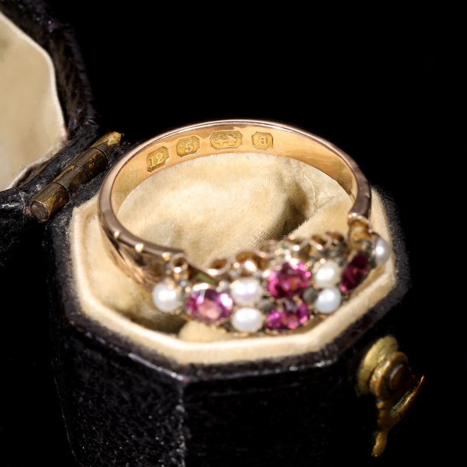 The Antique Victorian 1875 Almandine Garnet and Seed Pearl Ring