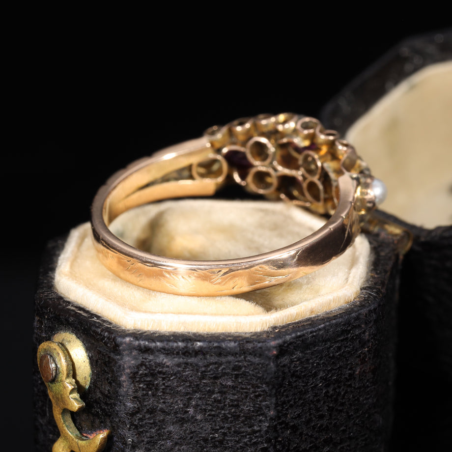 The Antique Victorian 1875 Almandine Garnet and Seed Pearl Ring