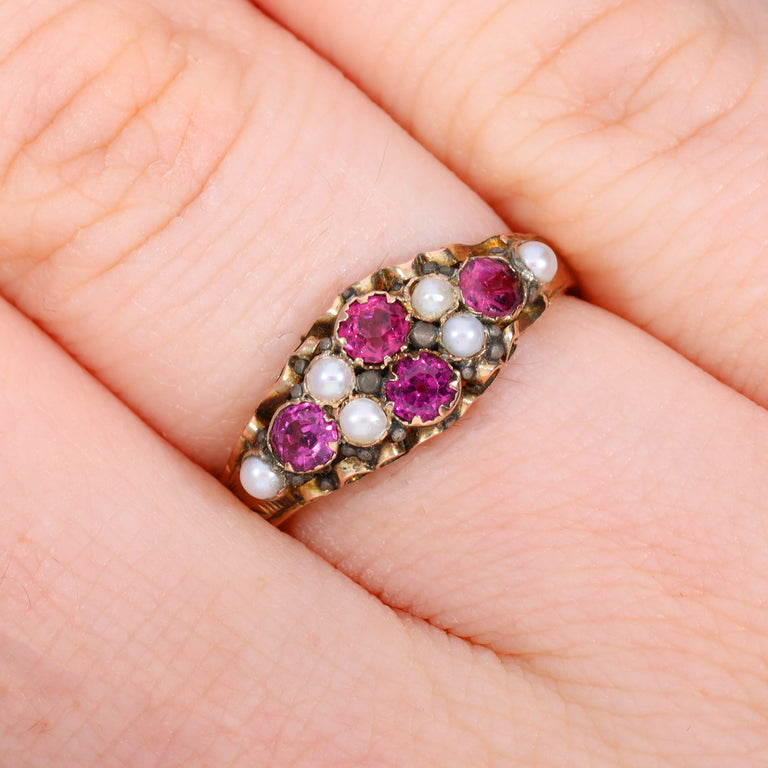 The Antique Victorian 1875 Almandine Garnet and Seed Pearl Ring