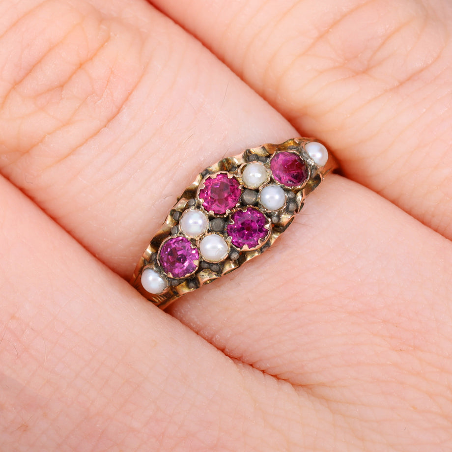 The Antique Victorian 1875 Almandine Garnet and Seed Pearl Ring
