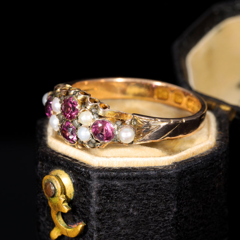 The Antique Victorian 1875 Almandine Garnet and Seed Pearl Ring