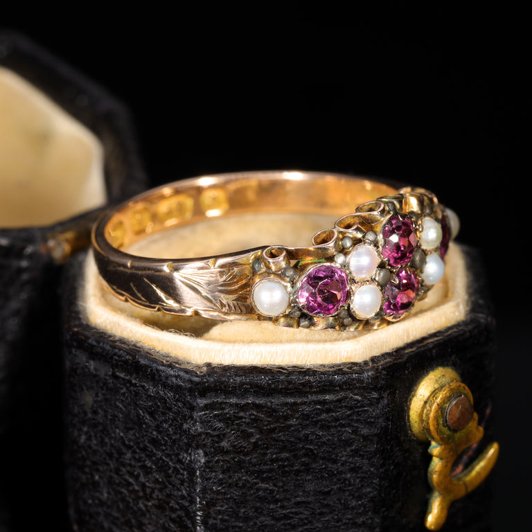 The Antique Victorian 1875 Almandine Garnet and Seed Pearl Ring