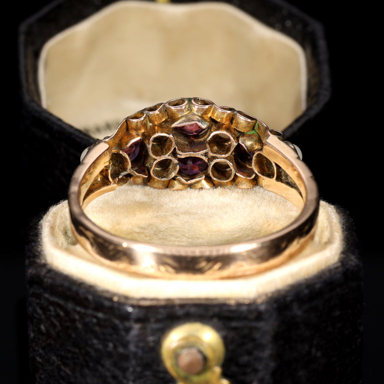 The Antique Victorian 1875 Almandine Garnet and Seed Pearl Ring
