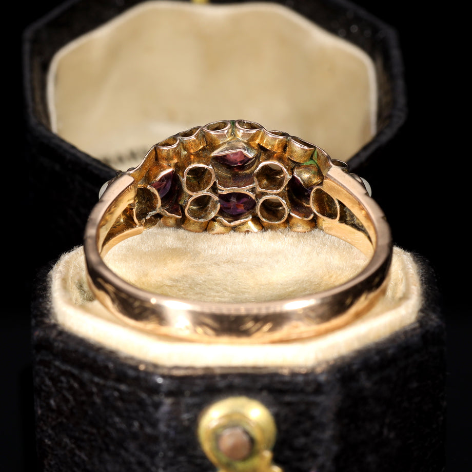 The Antique Victorian 1875 Almandine Garnet and Seed Pearl Ring