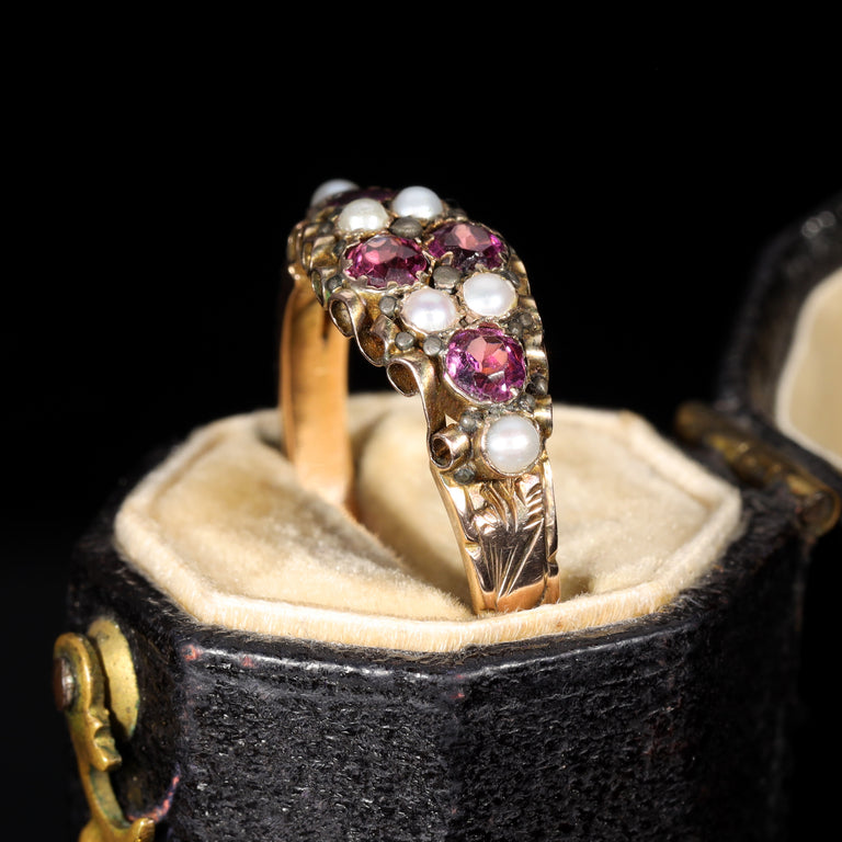 The Antique Victorian 1875 Almandine Garnet and Seed Pearl Ring