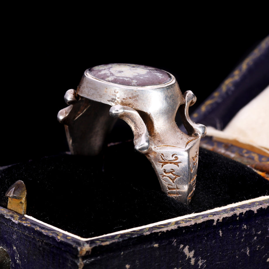 The Ancient 1601 Renaissance Silver Memento Mori Portrait Ring