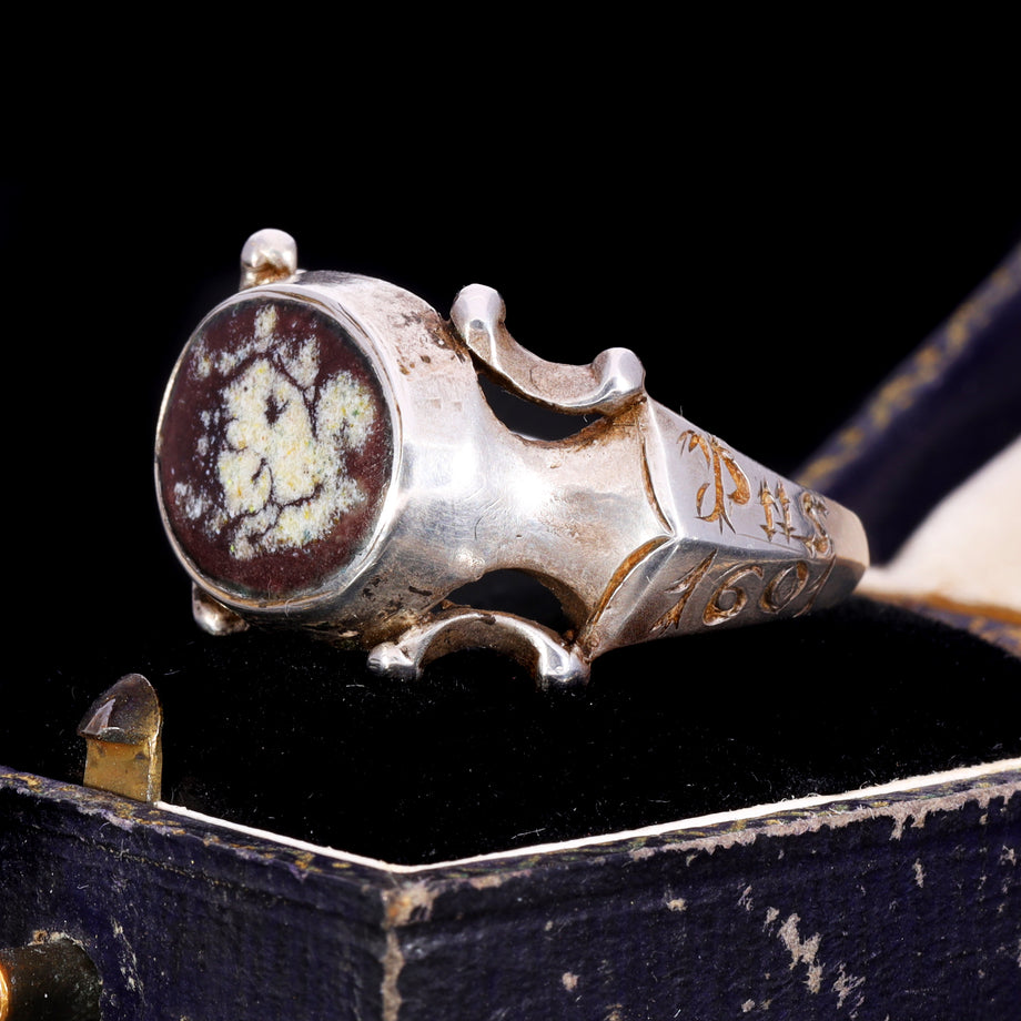 The Ancient 1601 Renaissance Silver Memento Mori Portrait Ring