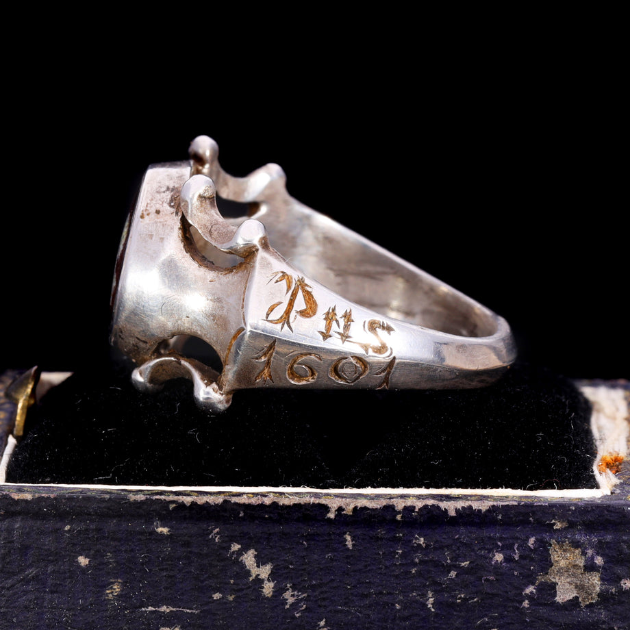 The Ancient 1601 Renaissance Silver Memento Mori Portrait Ring