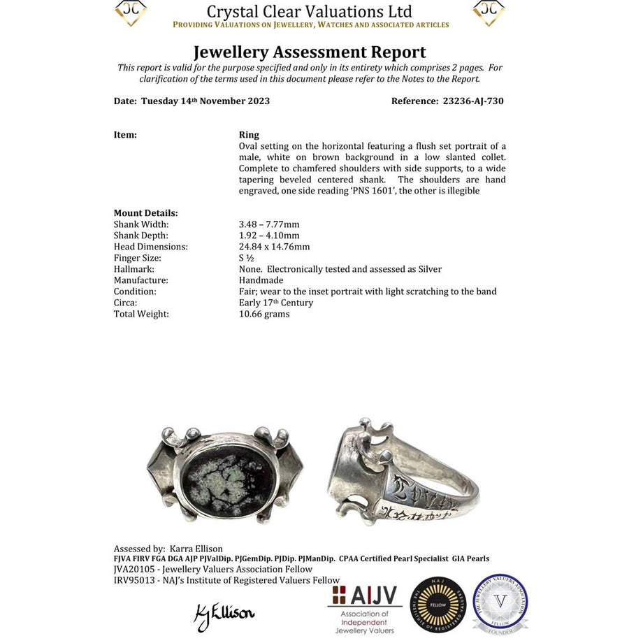 The Ancient 1601 Renaissance Silver Memento Mori Portrait Ring - Antique Jewellers