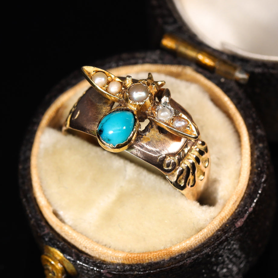 The Antique Early 20th Century Turquoise and Split Pearl Fly Ring