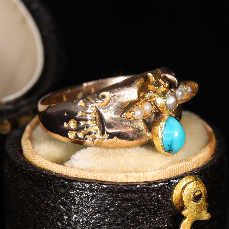The Antique Early 20th Century Turquoise and Split Pearl Fly Ring