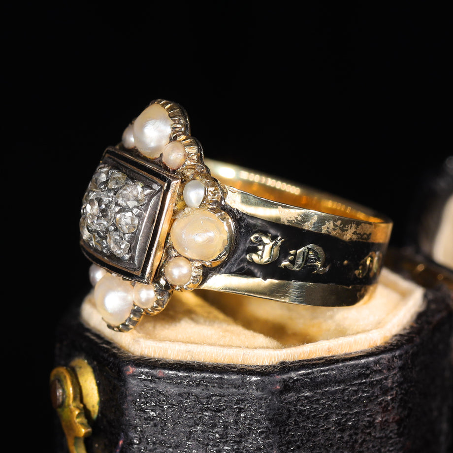 The Antique Georgian 1823 Exquisite Diamond and Pearl Mourning Ring