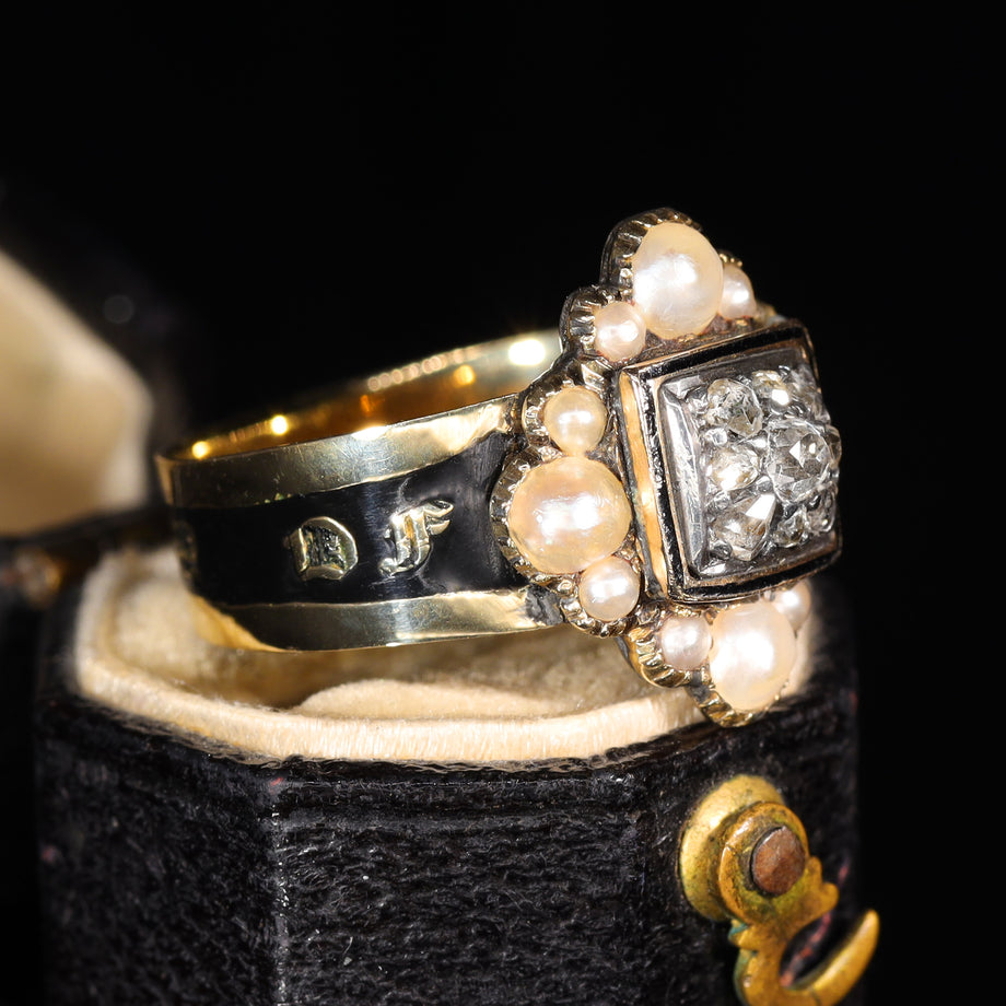 The Antique Georgian 1823 Exquisite Diamond and Pearl Mourning Ring