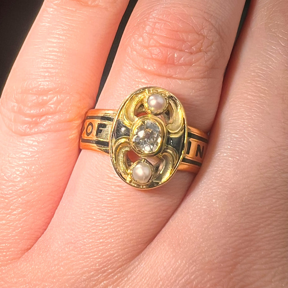 The Antique Victorian 1893 Diamond and Pearl Memorial Ring