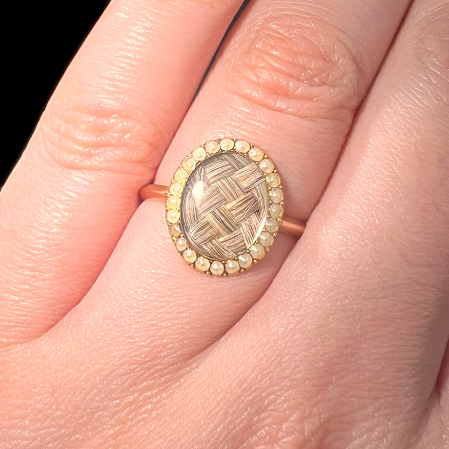 The Antique Georgian 1777 Pearl and Hairwork Mourning Ring