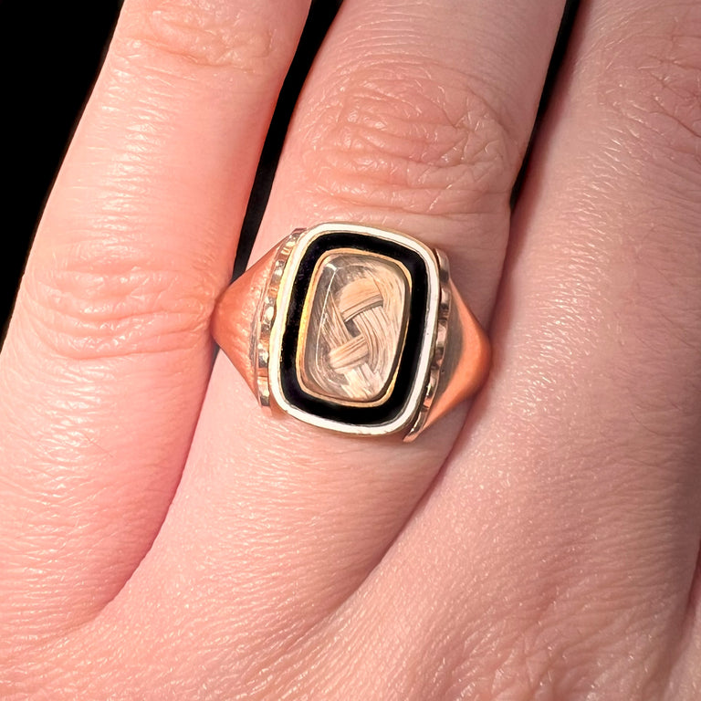 The Antique Georgian 1802 Swivel Hairwork Enamel Mourning Ring