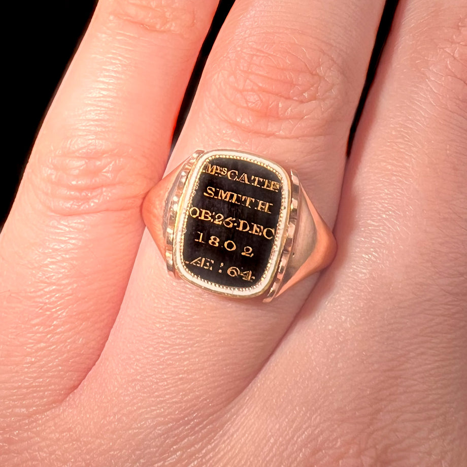 The Antique Georgian 1802 Swivel Hairwork Enamel Mourning Ring