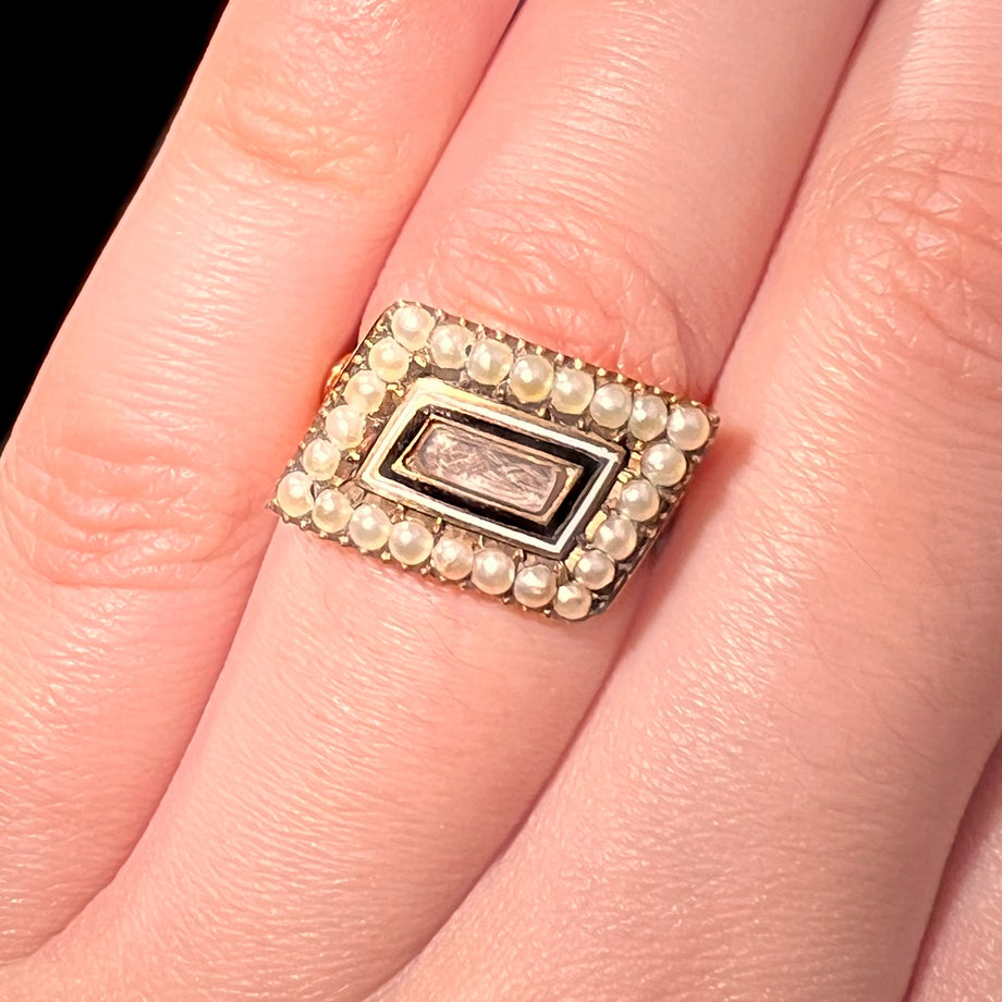 The Antique Georgian 1810 Hairwork, Enamel and Pearl Mourning Ring