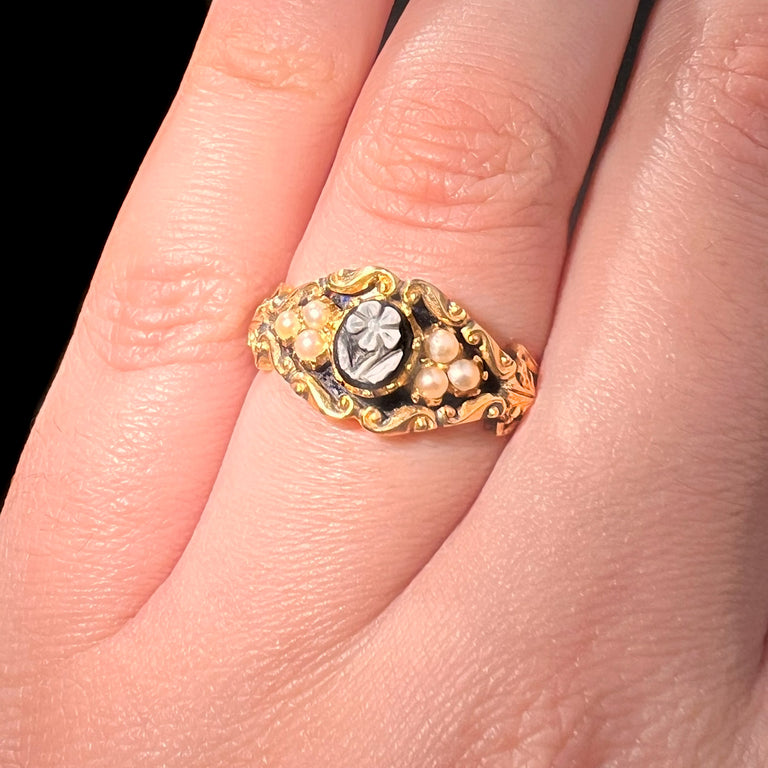 The Antique Victorian 1876 Pearl Cameo Flower Mourning Ring