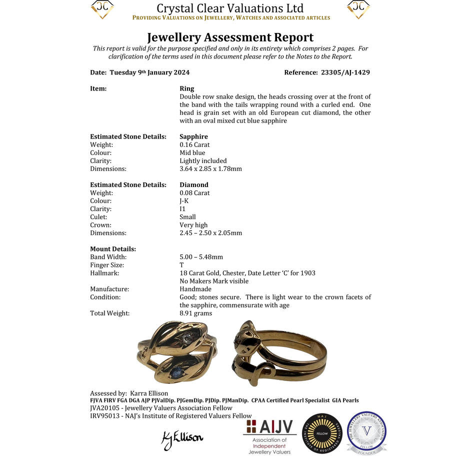 The Antique 1903 Sapphire and Diamond Snake Ring - Antique Jewellers