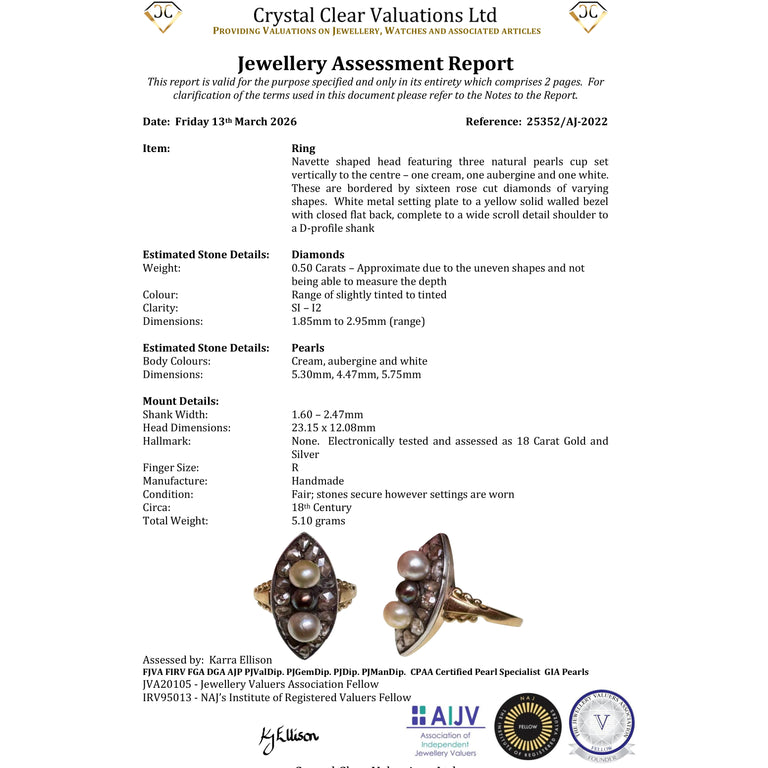 The Antique Georgian Three Pearl And Rose Cut Diamond Navette Ring