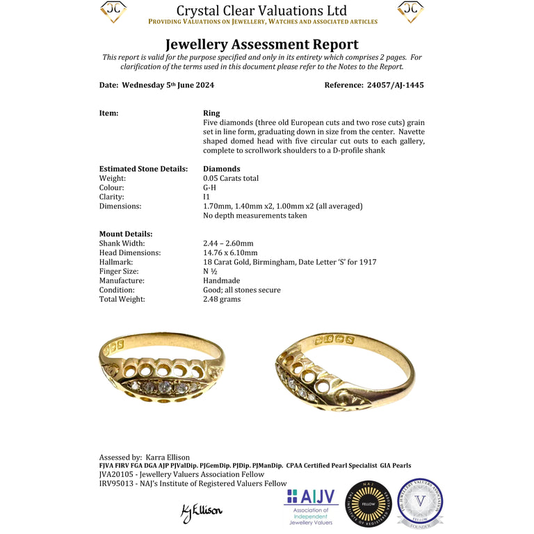 The Antique 1917 Five Stone Old Cut Diamond Boat Ring