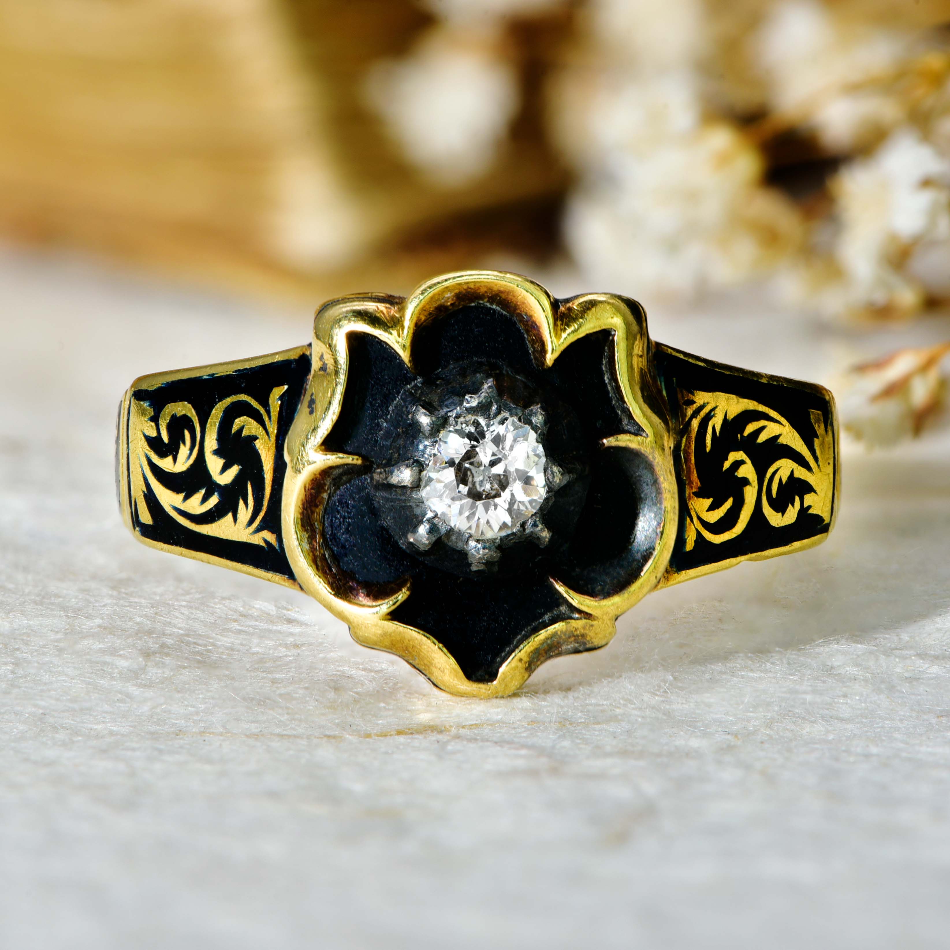 The Antique Victorian Diamond and Enamel Mourning Ring - Antique Jewellers