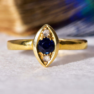 The Antique Victorian 22ct Gold Sapphire and Diamond Navette Ring - Antique Jewellers