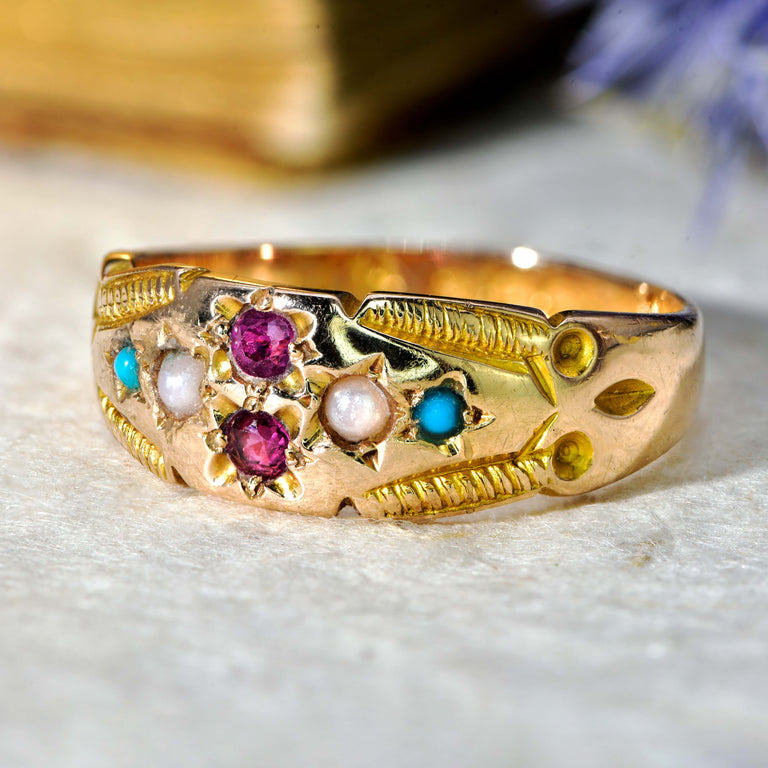 The Antique 1898 Ruby, Turquoise and Pearl Ring - Antique Jewellers