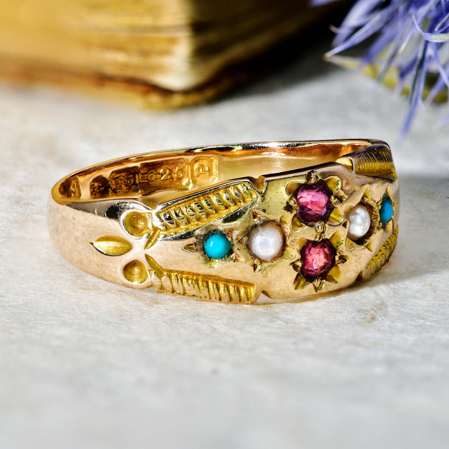 The Antique 1898 Ruby, Turquoise and Pearl Ring - Antique Jewellers