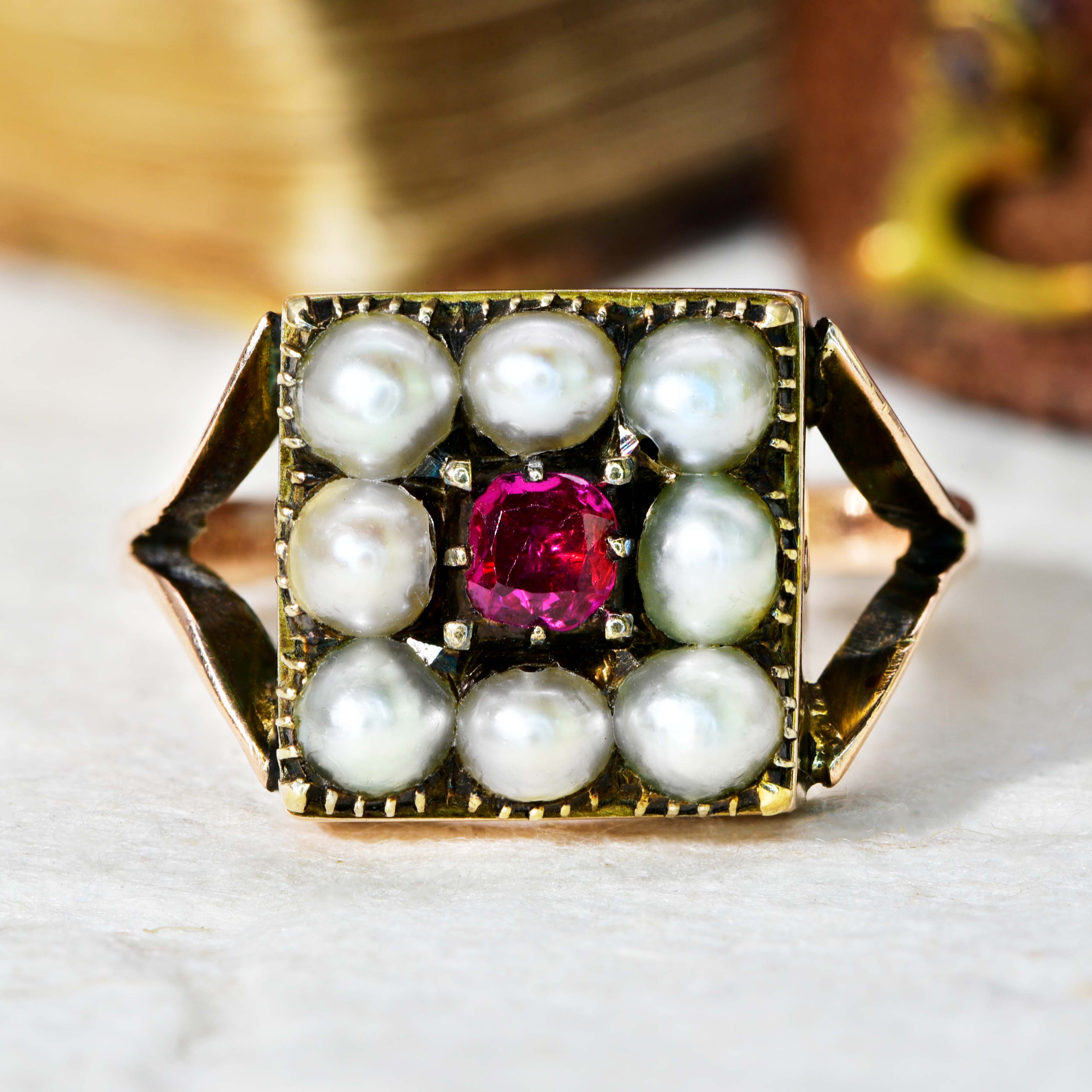 The Antique Early 19th Century Pearl and Red Gemstone Cluster Ring - Antique Jewellers