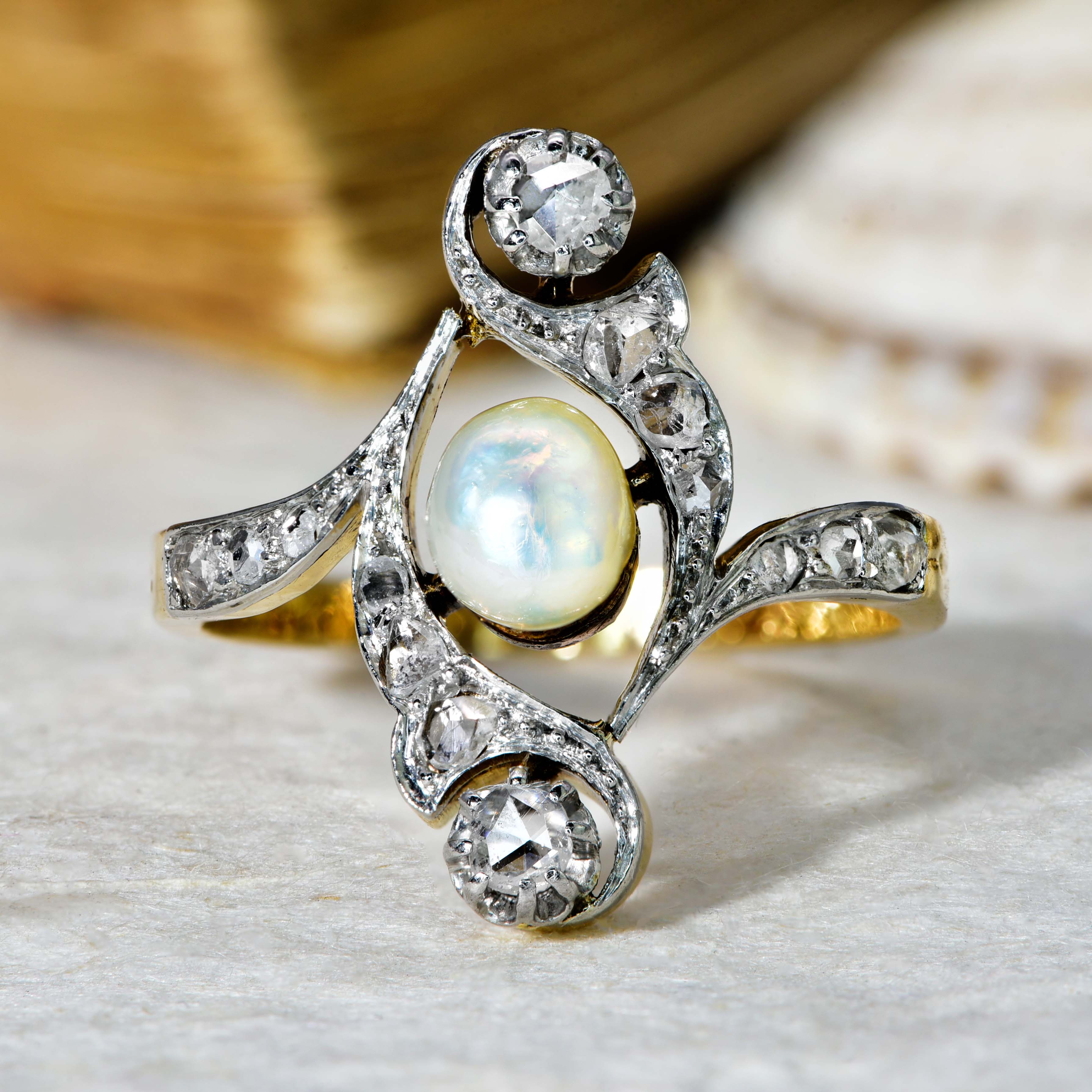 The Antique 1917 Baroque Pearl and Old Cut Diamond Elaborate Ring - Antique Jewellers