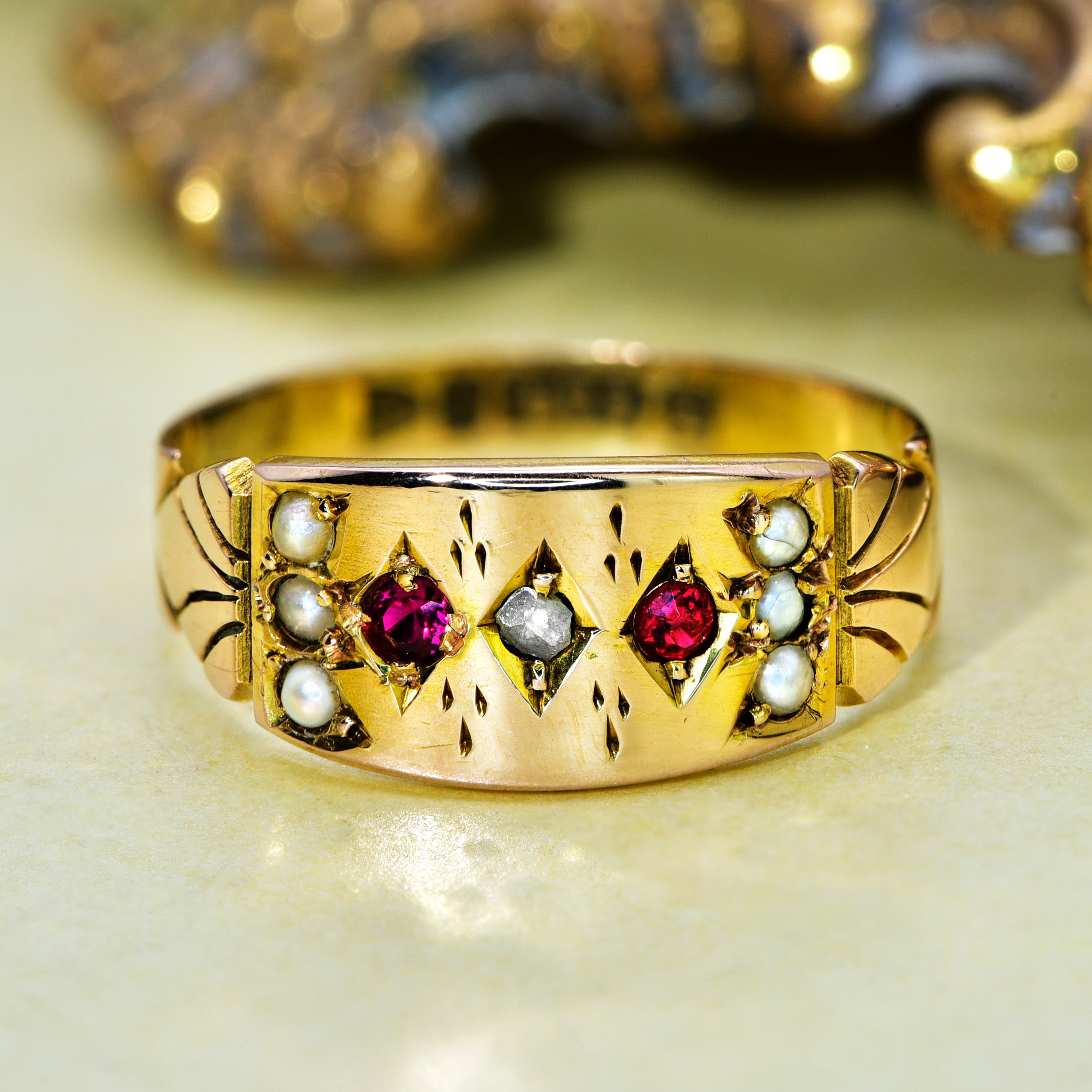 The Antique Victorian 1888 Ruby, Pearl and Old Cut Diamond Ring - Antique Jewellers