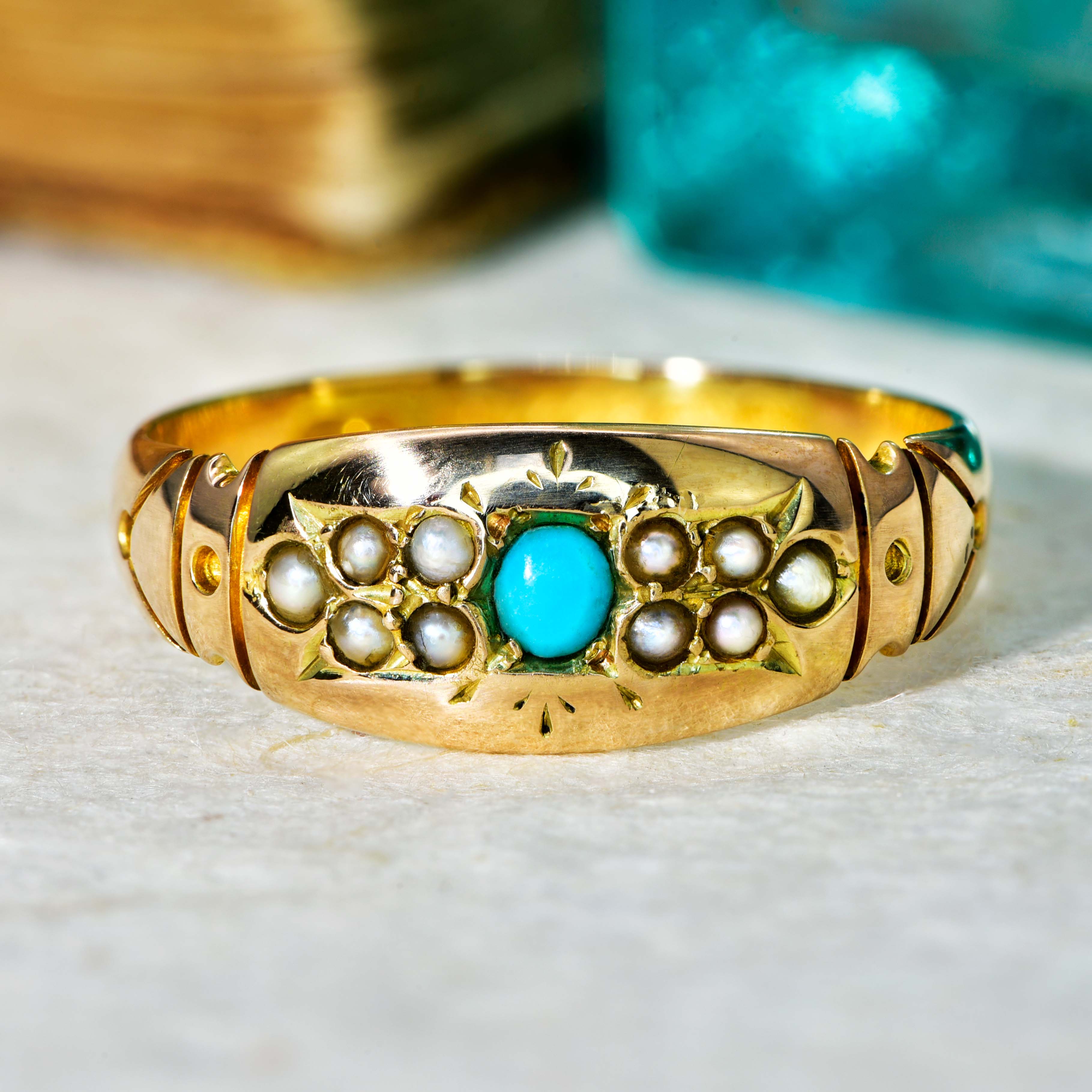 The Antique 1896 Victorian Turquoise and Pearl Ring - Antique Jewellers