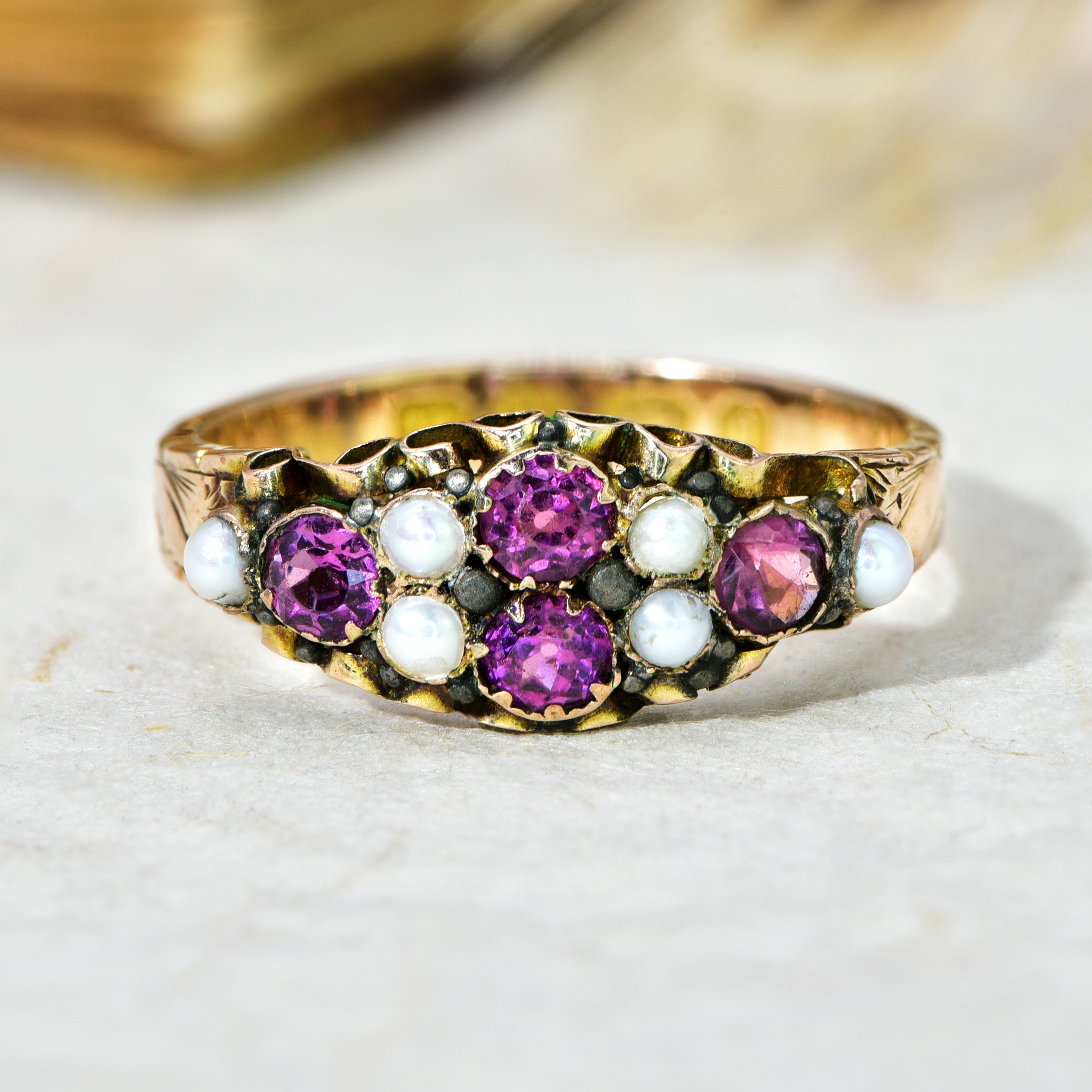 The Antique Victorian 1897 Pink Tourmaline and Seed Pearl Ring - Antique Jewellers